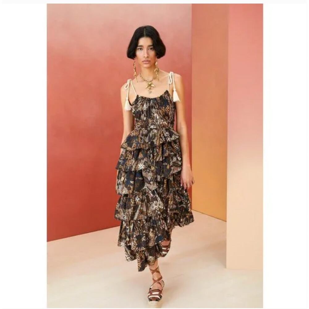 Ulla Johnson Estela Asymmetric Tiered Floral-Print Dress Bronze Brown Size 2